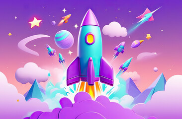 Space ship rocket purple blue color taking off in space,3d illustration.