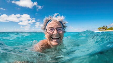 Fototapeta premium Joyful elderly woman is swimming in the sea. Every stroke, a testament to the joy of living fully.