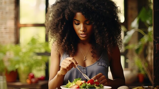 African - American woman cooking healthy food. Savoring the joy of crafting a nourishing dish.