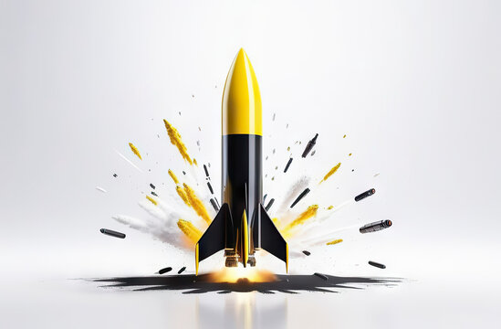 Boost symbol black yellow rocket taking off.Design posters for rocket launch events or space-themed gatherings using the captivating image.