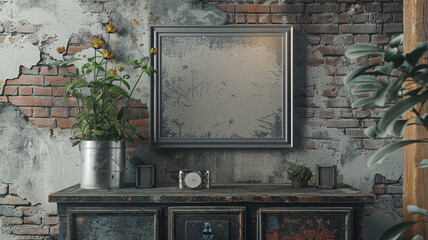 A vintage-inspired 3D wall frame mockup in distressed silver against a weathered brick wall,...