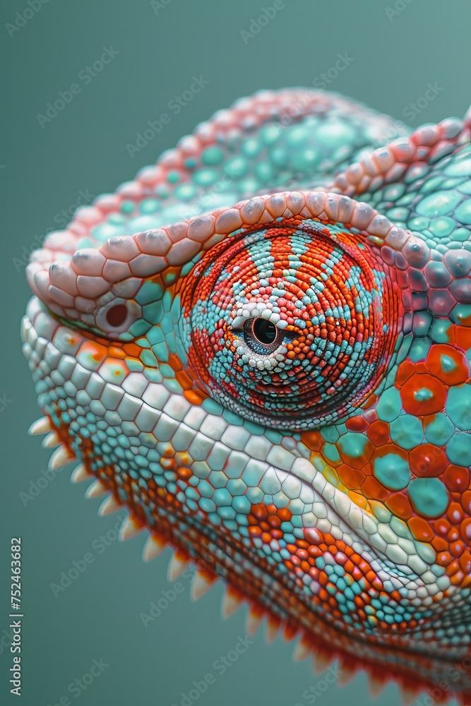 Poster close-up of a vibrant chameleon with intricate patterns on green background