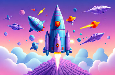 Cartoon spaceship rocket takes off into space.Interactive Learning Apps,School Banners,Educational Flashcards.children's T-shirts or hoodies for a space-themed fashion statement. - obrazy, fototapety, plakaty