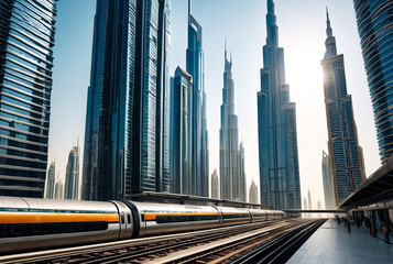 Railway of Dubai subway view at glass skyscrapers in business district, urban backdrop. Wallpaper of metropolitan city metro in desert arabic country. Public transportation concept. Copy ad text space