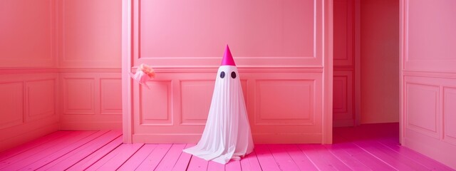 Fototapeta na wymiar Whimsical ghost wearing a party hat in a monochrome pink setting, ideal for playful and modern designs.