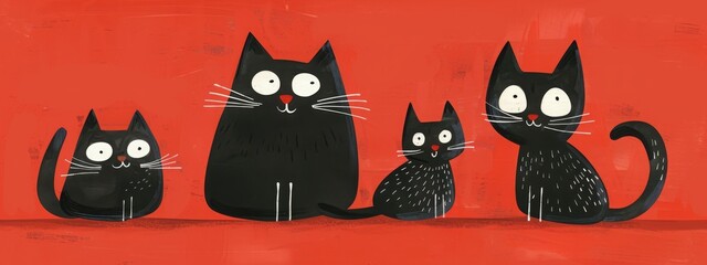 Fototapeta premium Artistic illustration of a family of black cats against a red background, ideal for quirky art lovers.