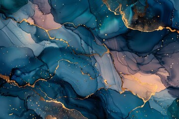Artistic abstract alcohol ink painting with vibrant blue and golden accents, ideal for contemporary art themes.

