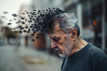 Elderly senior old man suffering from dementia with puzzles on head loosing memory standing outdoor. - obrazy, fototapety, plakaty