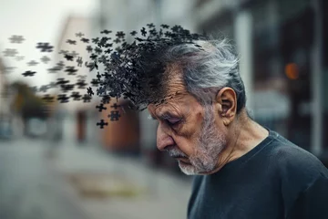 Fotobehang Elderly senior old man suffering from dementia with puzzles on head loosing memory standing outdoor. © stopabox