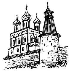View of the Pskov Krom with Trinity Cathedral and Tall Tower. Old Russian architecture. Hand drawn linear doodle rough sketch. Black and white silhouette.