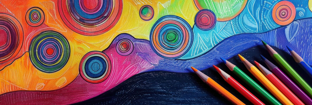 Colored pencils lie next to an abstract picture painted with colored pencils, background