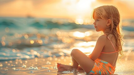 Curly-haired toddler in swimwear sits thoughtfully on the beach, with the sparkling ocean in the background. - obrazy, fototapety, plakaty