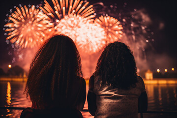 Generated AI portrait of two women looking enjoying beautiful holiday fireworks in city national day