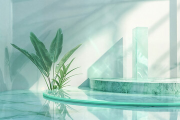 Crystal glass podium for displaying products against a pastel color background.