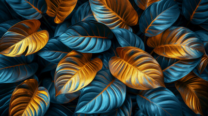 Abstract composition depicting golden tropical leaves   on dark blue background. Texture of golden leaves contrasts with background. Atmosphere of mystery, luxury, sophistication, charm.