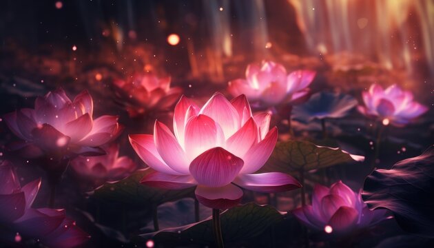 Lotus flower background. lotus red light nature fantasy 3d illustration