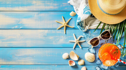 Fototapeta na wymiar Summer holiday background with straw hat, sunglasses, cold drink and seashells on blue wooden background
