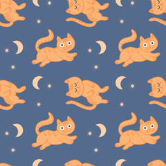 Seamless pattern, funny kittens on the background of the night sky with the moon and stars. Children's textile, print, vector.