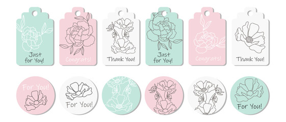 Rustic sticker set or greeting card template with outline flowers. Anniversary, birthday, wedding, party, social media banner set. Vector