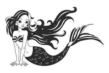 Magic  mermaid girl, black and white design. Sketch for children's coloring. Illustration, vector