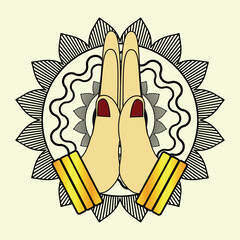 Illustration of karma depicted with Namaste, Indian women's hand greeting posture of namaste with outline design vector illustration