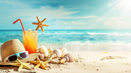 Summer holiday background with straw hat, sunglasses, seashell and starfish on the sunny sandy beach