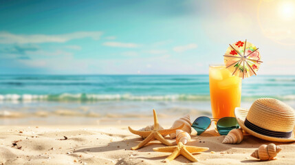 Fototapeta na wymiar Summer holiday background with straw hat, sunglasses, seashell and starfish on the sunny sandy beach