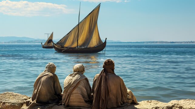 Illustration of Jewish men sicarri the shores of the Sea of Galilee in the period of Jesus Christ. Mediums sitting on the banks of the Sea of Galilee waiting for a fishing boat.