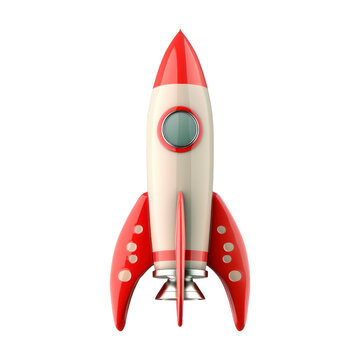 Rocket in red, white coloring retrofuturism style. Isolated on transparent background.