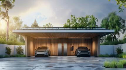 Two modern electronic cars are parked neatly in a stylish garage with batteries and wallboxes, using the power generated by the solar panels on top - obrazy, fototapety, plakaty