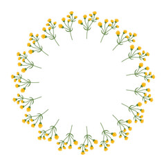 Hand drawn minimalist spring botanical element. Round summer frame or border with place text, quote or logo in flat style Women Mother Day. Doodle Floral Wreath made of yellow Flowers in circle