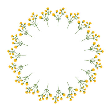 Hand drawn minimalist spring botanical element. Round summer frame or border with place text, quote or logo in flat style Women Mother Day. Doodle Floral Wreath made of yellow Flowers in circle