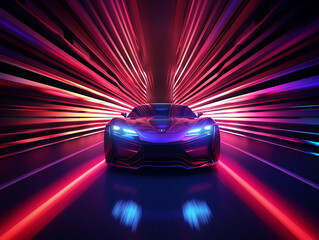 Futuristic car speeds in circuit neon light