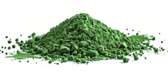 Organic green powder on white background for healthy smoothie ingredient concept