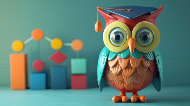  A cartoon owl with a 3D graph showing the wise investments in knowledge growth minimalist design