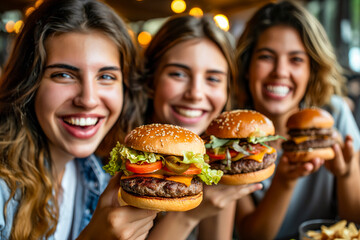 Three Friends Enjoying Burgers and Smiles at a Cozy Diner
