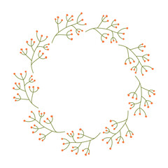 Round Hand drawn floral frame or border with place text, quote or logo in flat style. Doodle Wreath made of pink flowers in circle. Minimalist botanical element branches with berries.