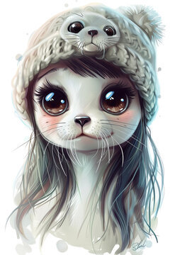 recommend clip art: a cute young selkie seal girl isolated on a transparent background, generative ai