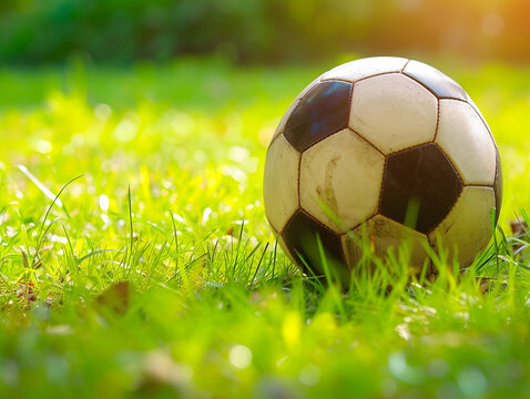 Aged Soccer Ball on Sunlit Grass