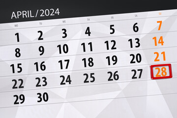 Calendar 2024, deadline, day, month, page, organizer, date, April, sunday, number 28