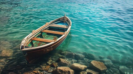 There is a boat that is sitting on the water near rocks generative ai