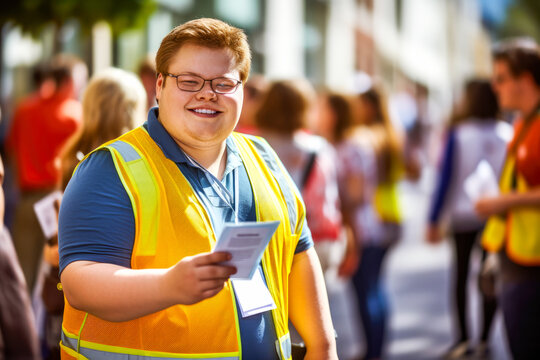 A man with Down syndrome wears a reflective safety vest while volunteering, his bright smile reflecting his dedication to social inclusion and community participation. Copy space