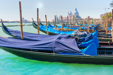 Gondola in front on basilica on grand canal in Venice, Italy - 752469086