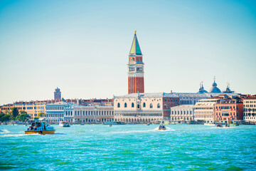 Venice cityscape with St Mark's Campanile. View from sea