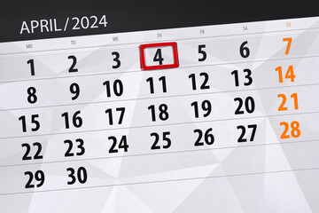 Obraz premium Calendar 2024, deadline, day, month, page, organizer, date, April, thursday, number 4