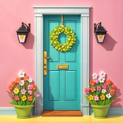 blue door with a gold handle is surrounded by a pink wall. Two potted plants with colorful flowers sit on the floor.