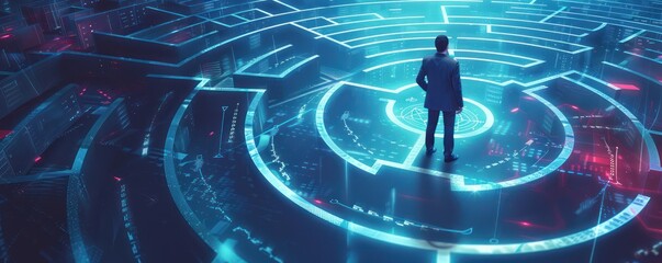  A cartoon businessman navigating a cybersecurity maze on a hologram minimalist style