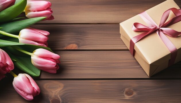 Mother's day greeting card.Birthday gift box with flowers on wooden table