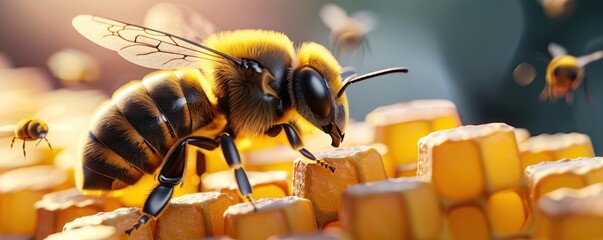  A cartoon bee buzzing around a honeycomb-shaped 3D investment graph minimalist scene