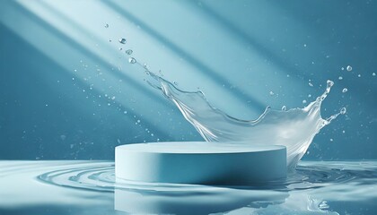3d cosmetic background. podium with abstract water splash blue background for banner, product or cosmetics presentation